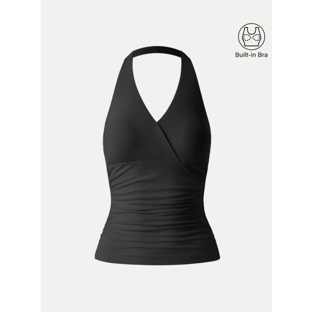 OGL Black Halter Ruched Tank with Built-In Bra